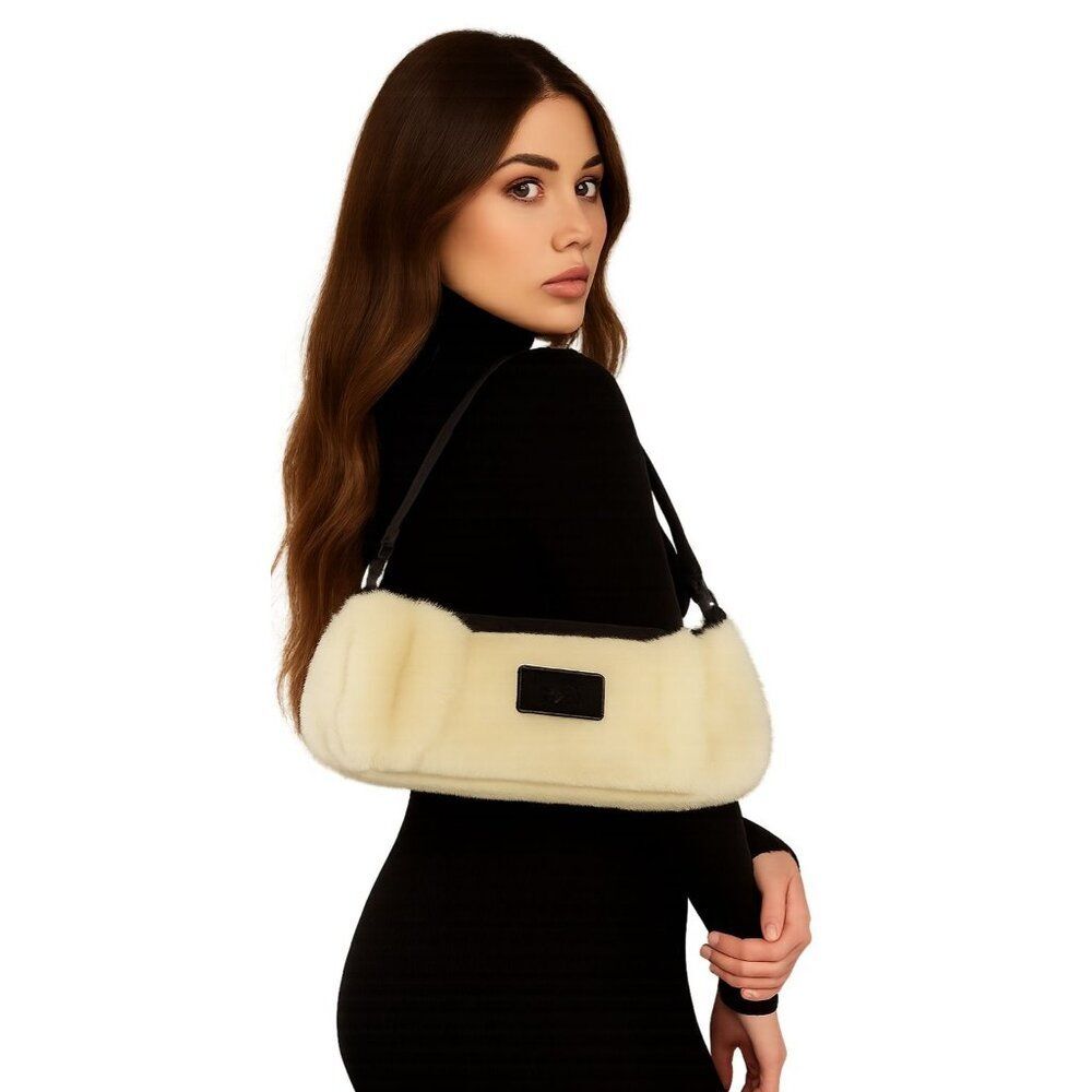 Feefe White Rabbit Fur Bag Barrel Purse Shoulder Handbag Suede Women's Woman's